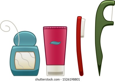 Set of dental floss, toothpaste and toothbrush