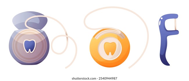 Conjunto de fio dental e palitos de dente em um fundo branco. Fio dental, fio dental, fio dental para tratamento dentário e espaços interdentais após as refeições. Acessórios dentários, ferramenta para higiene bucal.