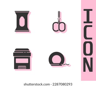 Set Dental floss, Wet wipe pack, Antiperspirant deodorant roll and Nail scissors icon. Vector