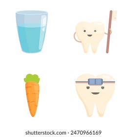 Set of dental health icons featuring tooth, toothbrush, water glass, carrot, braces, and more for oral care, hygiene, and preventive dentistry concept illustration