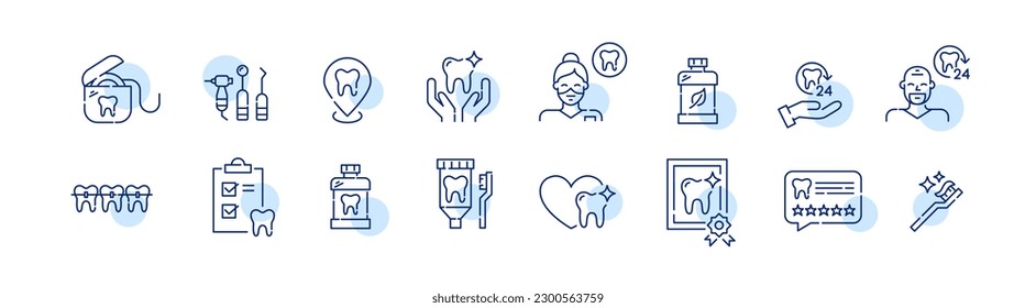 Conjunto de iconos relacionados con la salud dental. Odontología, tratamiento ortodóntico y cuidado diario. Juego de iconos de línea de trazo de píxeles perfectos y editables