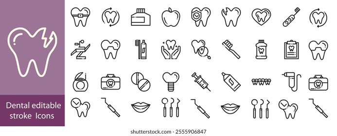 Set of dental health related icons. Dentistry, orthodontic treatment and hygiene. Pixel perfect, editable stroke set