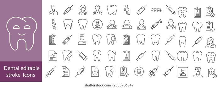 Set of dental health related icons. Dentistry, orthodontic treatment and hygiene. Pixel perfect, editable stroke set