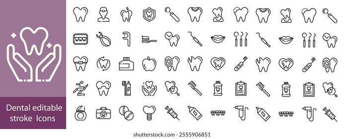 Set of dental health related icons. Dentistry, orthodontic treatment and hygiene. Pixel perfect, editable stroke set