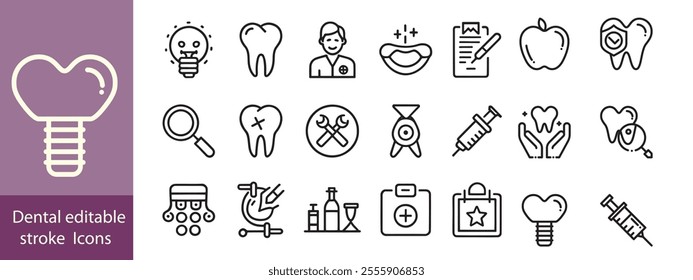 Set of dental health related icons. Dentistry, orthodontic treatment and hygiene. Pixel perfect, editable stroke set