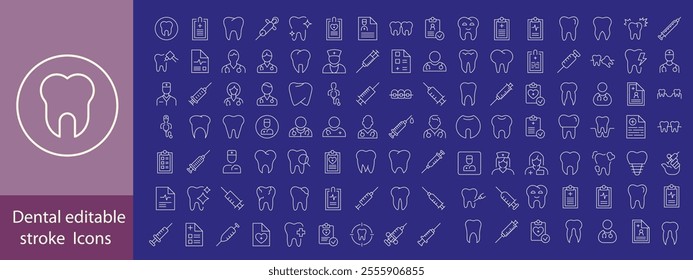 Set of dental health related icons. Dentistry, orthodontic treatment and hygiene. Pixel perfect, editable stroke set