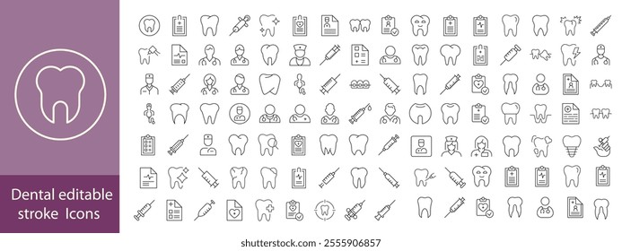 Set of dental health related icons. Dentistry, orthodontic treatment and hygiene. Pixel perfect, editable stroke set