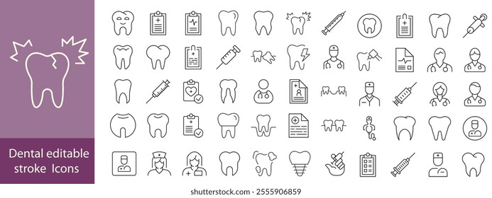 Set of dental health related icons. Dentistry, orthodontic treatment and hygiene. Pixel perfect, editable stroke set