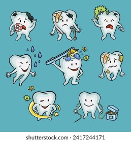 set of dental hygiene characters teeth fullcolor vector