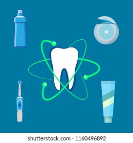 Set of dental hygiene means on blue background. Dental health concept. Oral hygiene, teeth cleaning. Vector illustration.