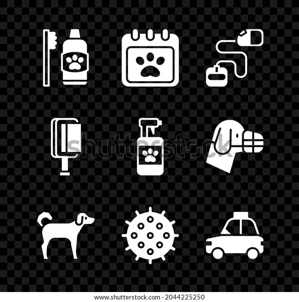 Set Dental hygiene for pets, Calendar\
grooming, Retractable cord leash, Dog, Tennis ball, Pet car taxi,\
Hair brush dog and cat and shampoo icon.\
Vector