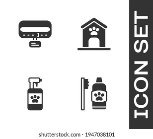 Set Dental hygiene for pets, Collar with name tag, Pet shampoo and Dog house and paw print icon. Vector