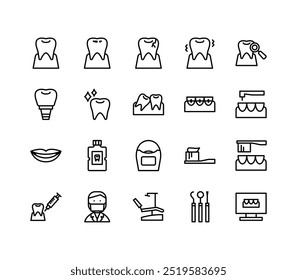 Set of dental icons. Black outlined simple icons drawing. 