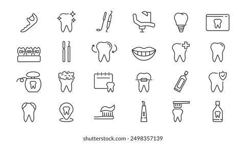 Set of dental icons. Dentist, tooth, implant, care, dental treatment, toothpaste, tools. Vector.