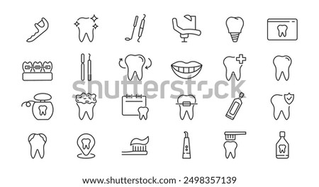 Set of dental icons. Dentist, tooth, implant, care, dental treatment, toothpaste, tools. Vector.