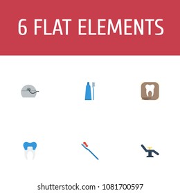 Set of dental icons flat style symbols with dentist chair, floss, toothbrush and other icons for your web mobile app logo design.