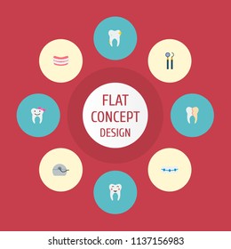 Set of dental icons flat style symbols with reconstruction, floss, mirror with probe and other icons for your web mobile app logo design.