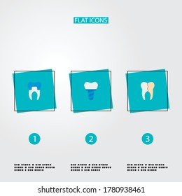 Set of dental icons flat style symbols with reconstruction, implant, alumina and other icons for your web mobile app logo design.