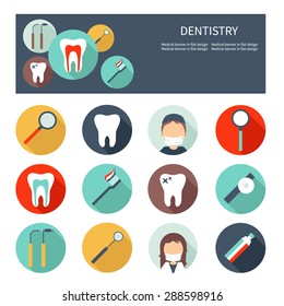 Set of dental icons and medical banner. Isolated dental icons in flat design. Banner for dentistry. Vector file is easy to edit and ready for use.