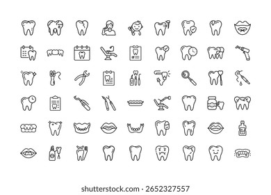 A set of dental icons in a simple, outlined, and minimalist style.
