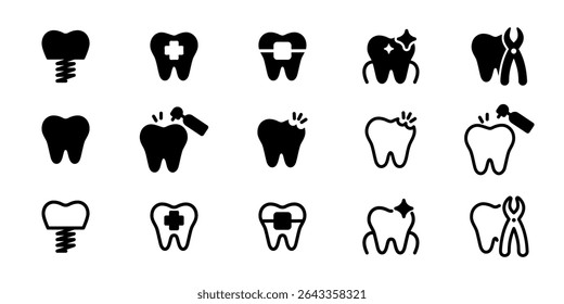 Set of dental icons. Surgery, orthodontics, pediatric dentistry. Implants and dentures, braces, cleaning, dentist logo
