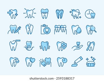 Set of dental icons and symbols, illustrating various aspects of dental health, care, and hygiene. medical tools and dental procedures. used in dentist clinic or hospital. 