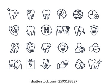 Set of dental icons and symbols, illustrating various aspects of dental health, care, and hygiene. medical tools and dental procedures. used in dentist clinic or hospital. 