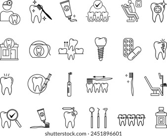 Conjunto de iconos dentales. Ícono de Vector de odontología, diente, implante, diente roto, aparatos ortopédicos, cuidado dental, extracción dental, examen y otros