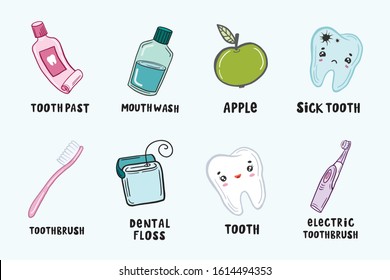 Set of dental illustrations. Vector drawings in cartoon style. Doodle style artwork.