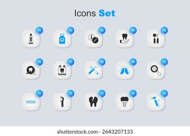 Set Dental implant, Calendar with tooth, Toothache painkiller tablet, Teeth braces, drill, search, Tube of toothpaste and mirror and probe icon. Vector