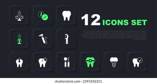 Set Dental implant, Tooth, drill, Teeth with braces, Syringe, whitening, Toothache painkiller tablet and mirror and probe icon. Vector