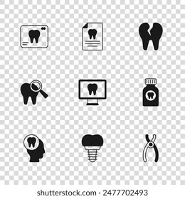 Set Dental implant, Toothache painkiller tablet, pliers, Online dental care, Broken tooth, X-ray of, Clipboard with card and  icon. Vector