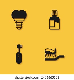 Set Dental implant, Toothbrush with toothpaste, Electric toothbrush and Mouthwash icon with long shadow. Vector