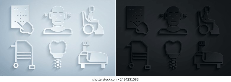 Set Dental implant, Woman in wheelchair, Walker, Hospital bed, Deaf and Braille icon. Vector