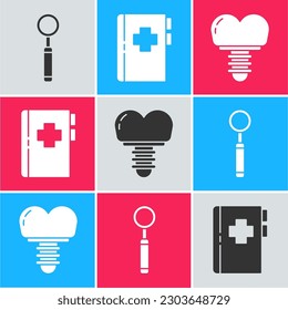 Set Dental inspection mirror, Clipboard with dental card and Dental implant icon. Vector