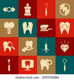 Set Dental inspection mirror, Diamond teeth, Teeth with braces, explorer scaler for, Broken tooth, implant, Candy and Toothbrush toothpaste icon. Vector
