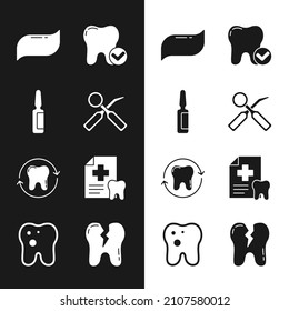 Set Dental inspection mirror, Painkiller tablet, Toothpaste, whitening concept, card, Broken tooth and with caries icon. Vector