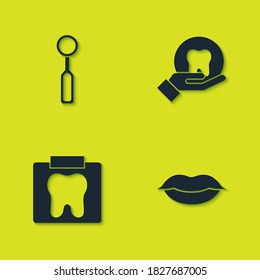 Set Dental inspection mirror, Smiling lips, X-ray of tooth and Tooth icon. Vector.