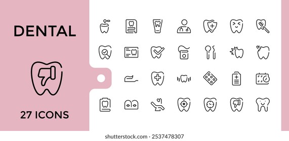 Conjunto de ícones de linha dentária. Contém relacionados ao dentista, símbolo, ortodontista, saúde, extração, medicamento, fio dental. Pacote fino de ícones de estrutura de tópicos. Traçado editável. Ilustração vetorial.