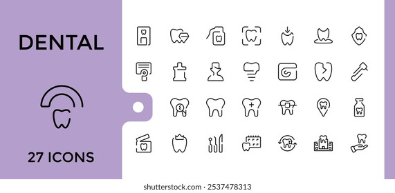 Conjunto de ícones de linha dentária. Contém relacionados ao dentista, símbolo, ortodontista, saúde, extração, medicamento, fio dental. Pacote fino de ícones de estrutura de tópicos. Traçado editável. Ilustração vetorial.