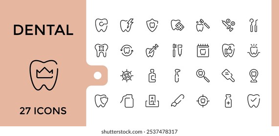 Conjunto de ícones de linha dentária. Contém relacionados ao dentista, símbolo, ortodontista, saúde, extração, medicamento, fio dental. Pacote fino de ícones de estrutura de tópicos. Traçado editável. Ilustração vetorial.