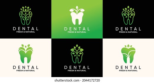 Set of dental logo design template with nature leaf style Premium Vector