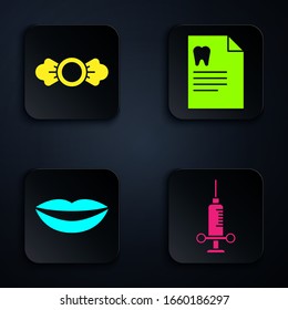 Set Dental medical syringe, Candy, Smiling lips and Clipboard with dental card. Black square button. Vector