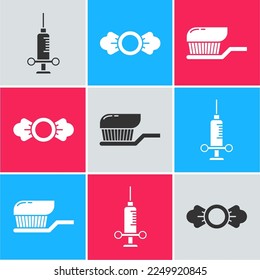 Set Dental medical syringe, Candy and Toothbrush with toothpaste icon. Vector