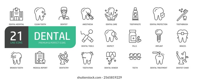 Set Of Dental Medicine Line Icons. Contains such icons as Teeth, Dentist, Toothpaste, Toothbrush, Dental Tools, Braces, Dentist Chair, Dental Treatment.