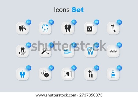 Set Dental mirror and probe, Broken tooth, Mouthwash, Teeth with braces,  and Toothbrush toothpaste icon. Vector
