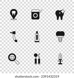 Set Dental mirror and probe, implant, Syringe, Tube of toothpaste, Tooth whitening, clinic location, floss and drill icon. Vector