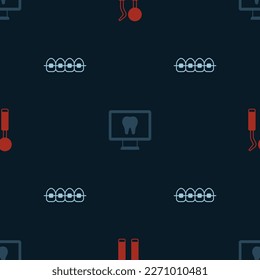 Set Dental mirror and probe, Online dental care and Teeth with braces on seamless pattern. Vector