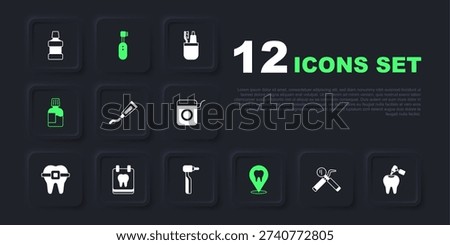 Set Dental mirror and probe, Tooth with caries drill, Tube of toothpaste, clinic location, Mouthwash, Calendar, Electric toothbrush and  icon. Vector