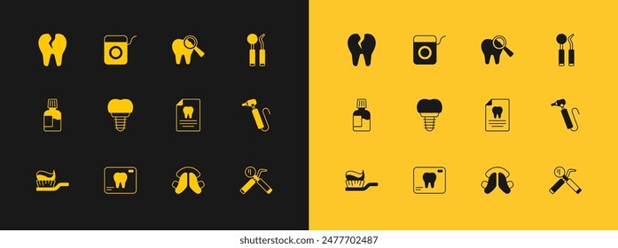 Set Dental mirror and probe, X-ray of tooth, Clipboard with dental card, plate, implant, Broken,  and floss icon. Vector